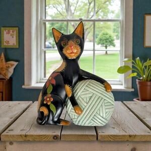 Second Nature Design Floral Friends 7.5" Tall Resin Black Cat Figure With Yarn